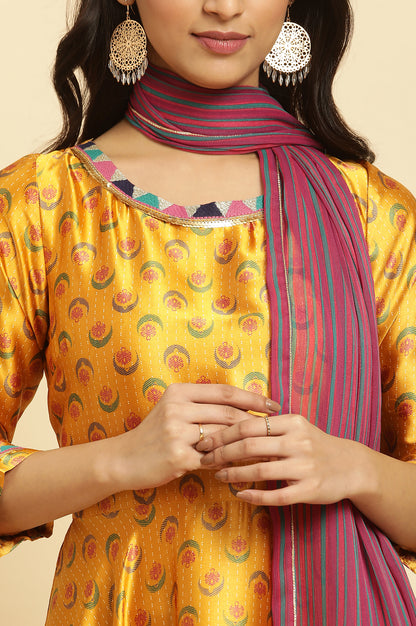 Mustard Yellow Flared Kurta, Tights And Dupatta Set - wforwoman