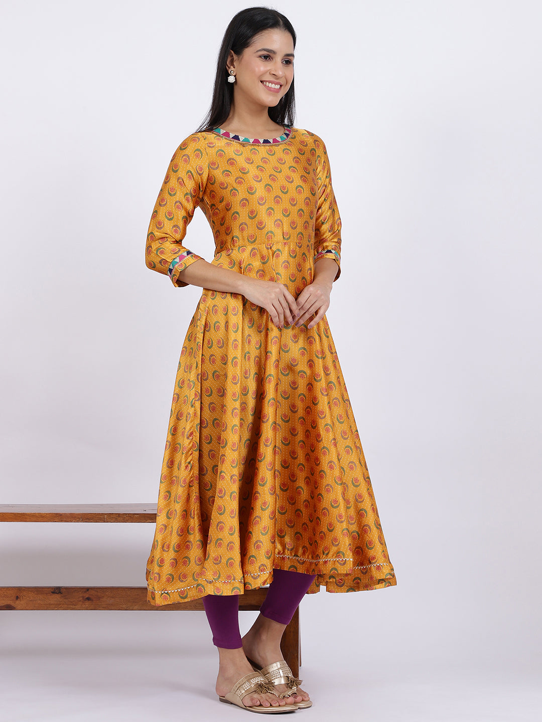 Yellow Floral Printed Satin Festive Anarkali Kurta and Leggings Set with Dupatta