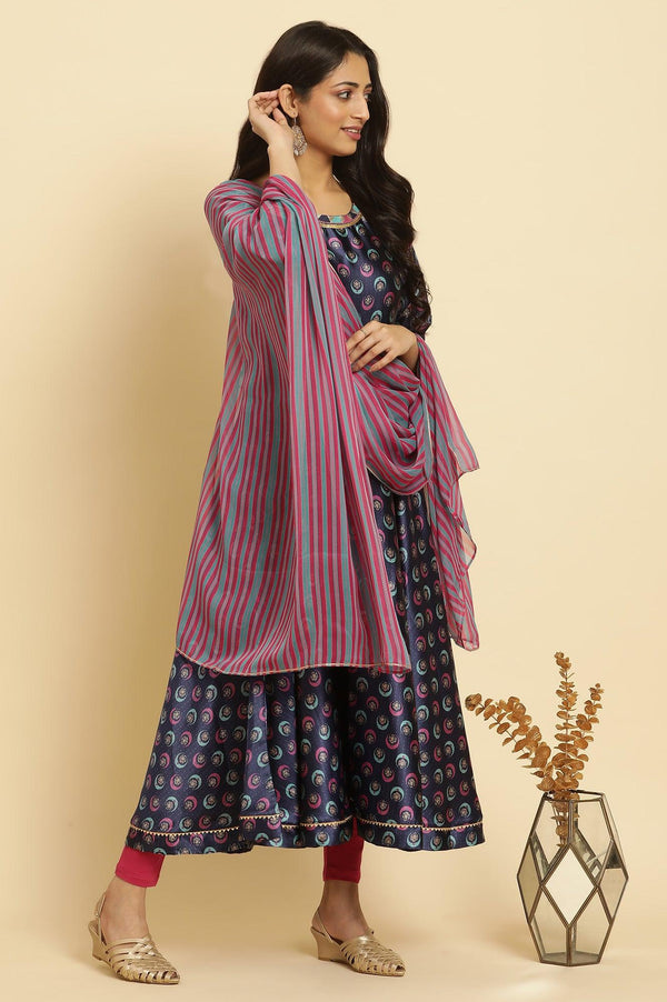 Navy Blue Floral Printed Satin Anarkali Kurta and Leggings Set with Dupatta