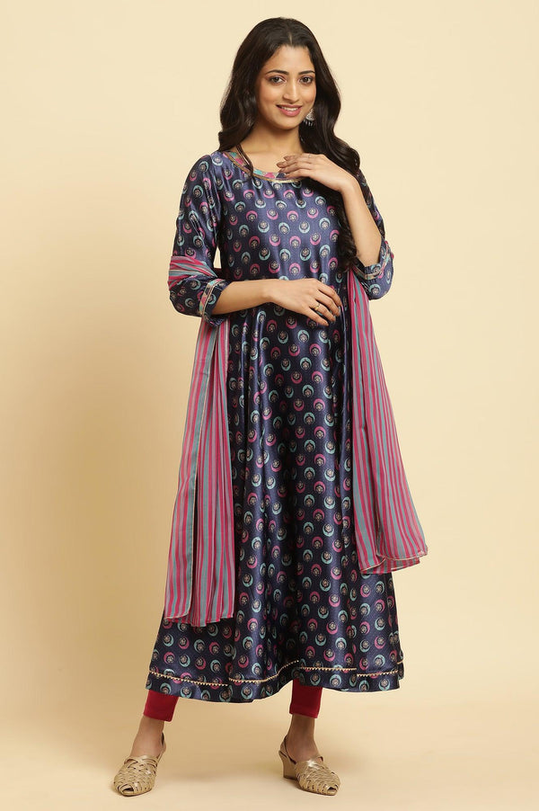 Navy Blue Floral Printed Satin Anarkali Kurta and Leggings Set with Dupatta