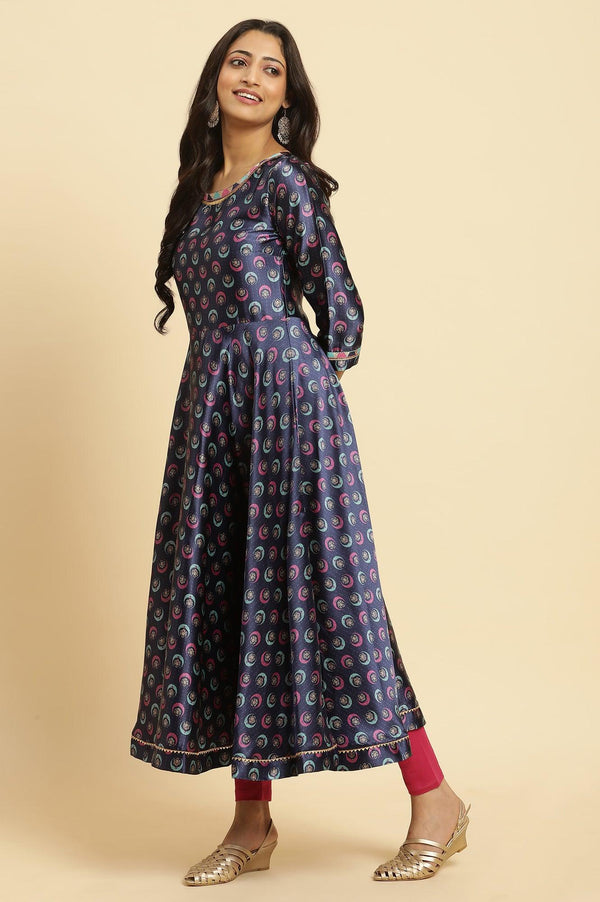 Navy Blue Floral Printed Satin Anarkali Kurta and Leggings Set with Dupatta