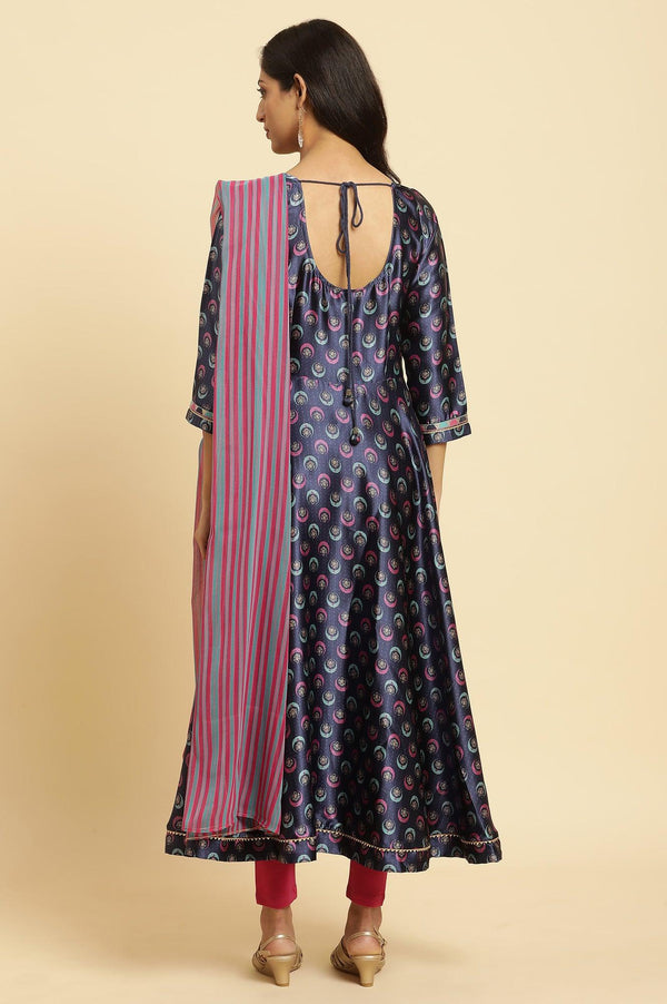 Navy Blue Floral Printed Satin Anarkali Kurta and Leggings Set with Dupatta