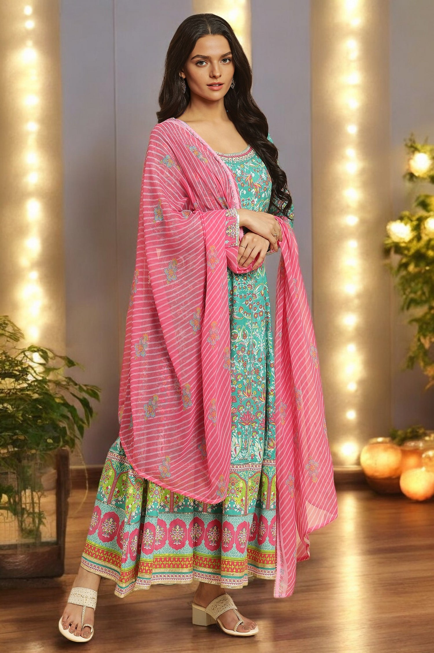 Teal Green Anarkali Printed Kurta, Tights And Dupatta Set