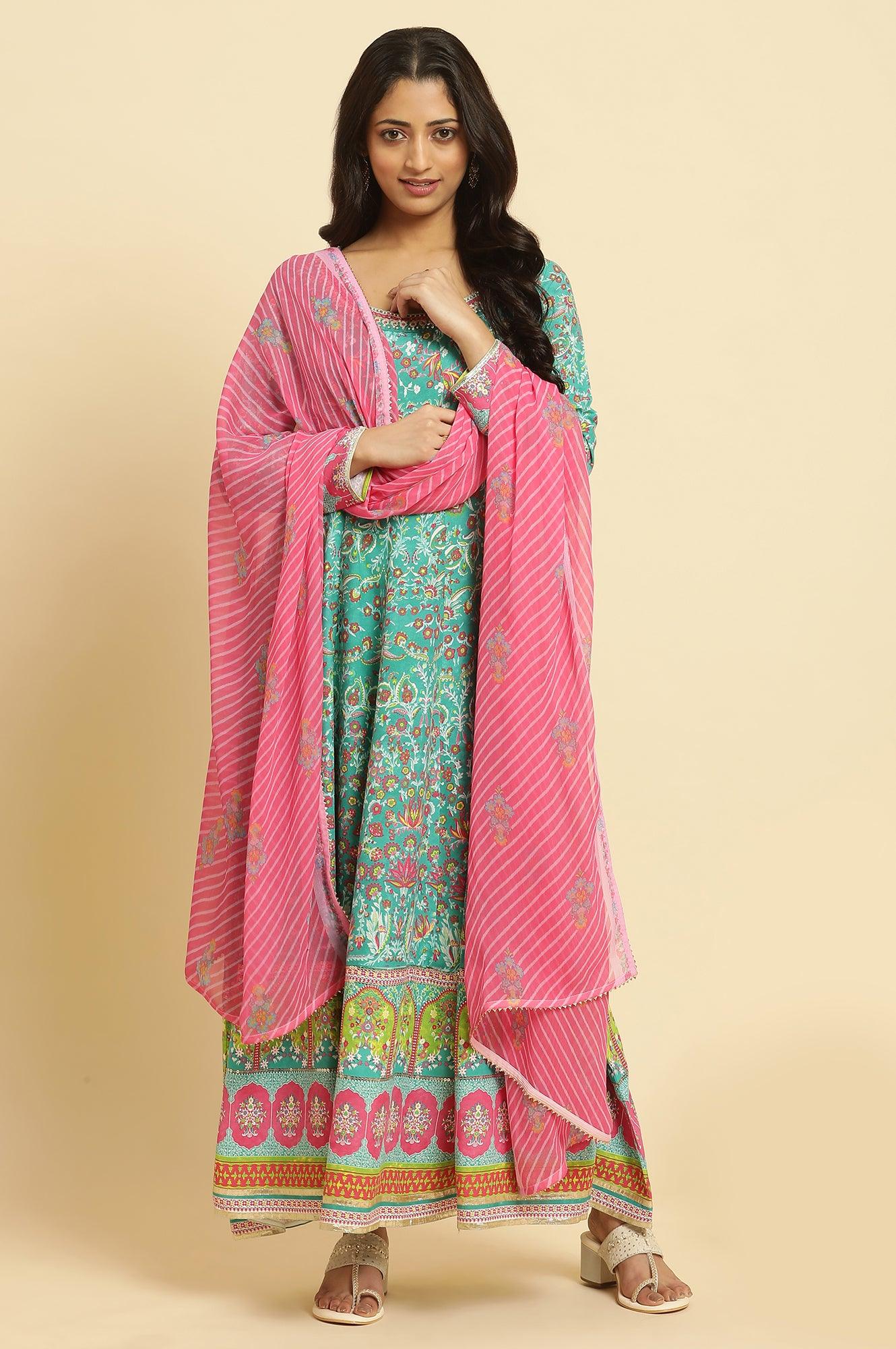Teal Green Anarkali Printed Kurta, Tights And Dupatta Set - wforwoman