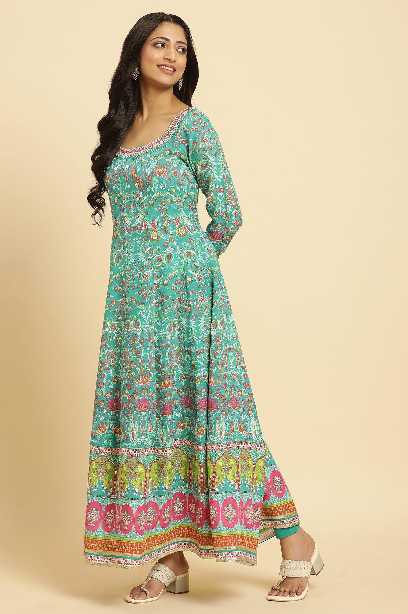Teal Green Anarkali Printed Kurta, Tights And Dupatta Set - wforwoman