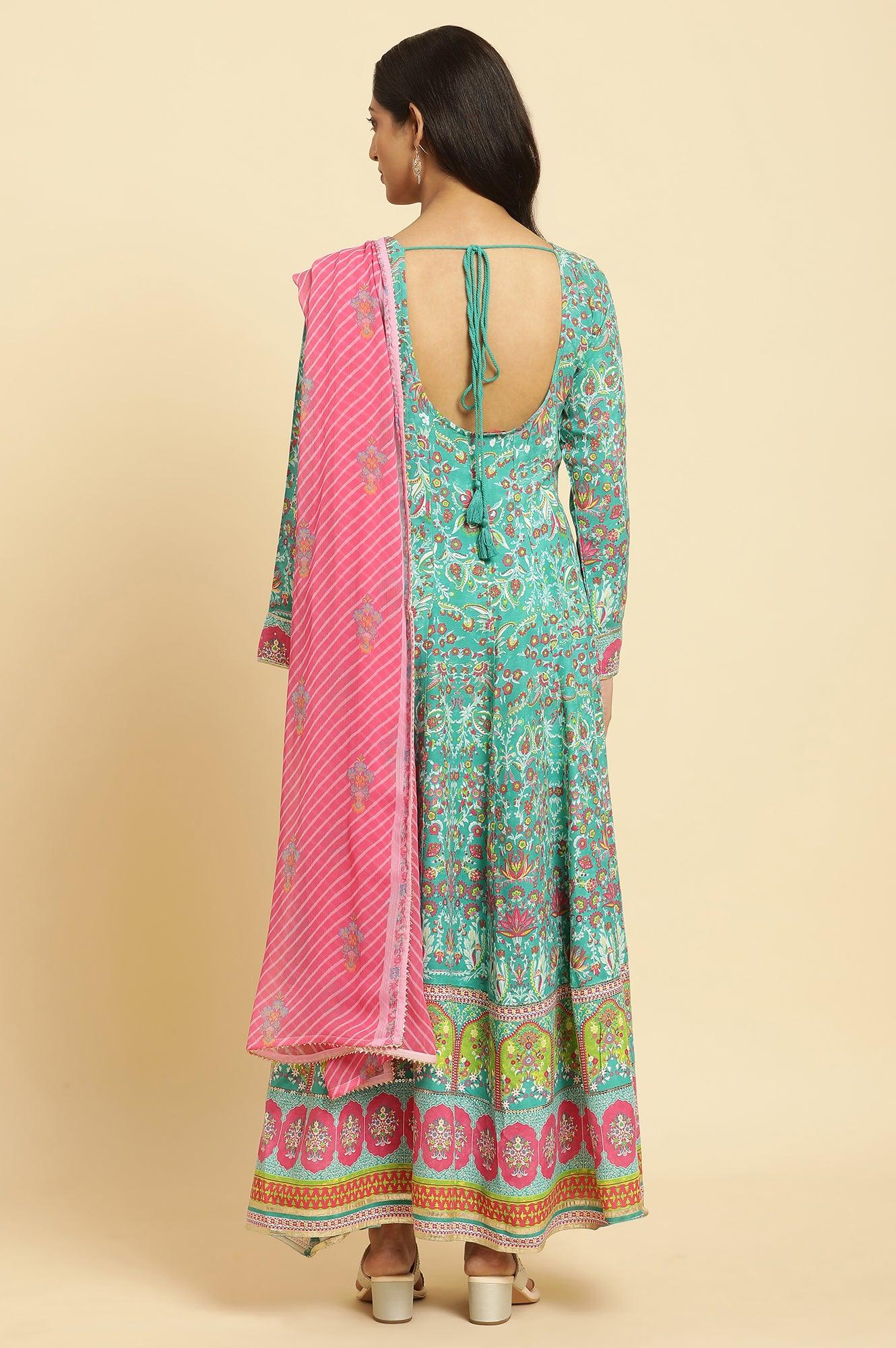 Teal Green Anarkali Printed Kurta, Tights And Dupatta Set - wforwoman