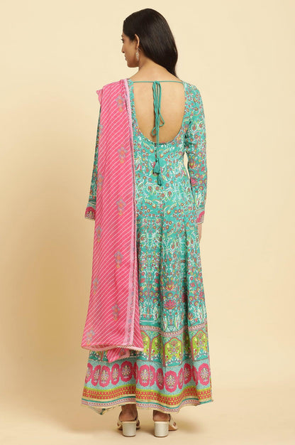 Teal Green Anarkali Printed Kurta, Tights And Dupatta Set - wforwoman