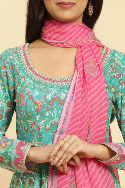 Teal Green Anarkali Printed Kurta, Tights And Dupatta Set - wforwoman