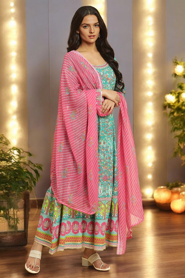 Teal Green Anarkali Printed Kurta, Tights And Dupatta Set