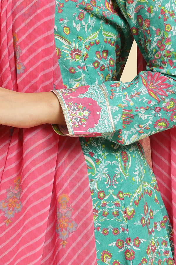 Teal Green Anarkali Printed Kurta, Tights And Dupatta Set