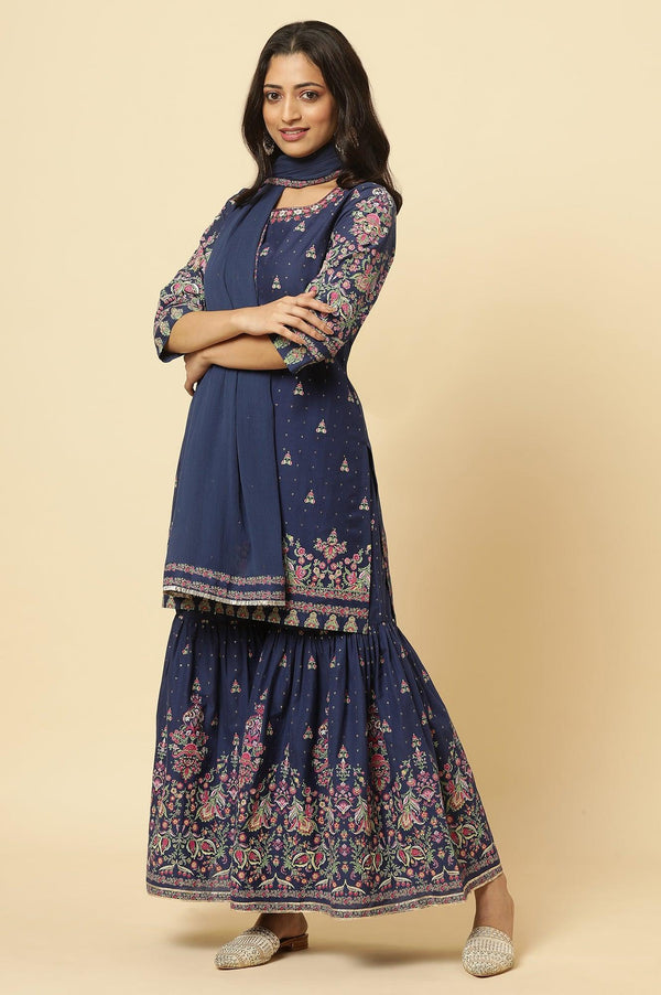 Blue Floral Printed Kurta, Sharara And Dupatta Set