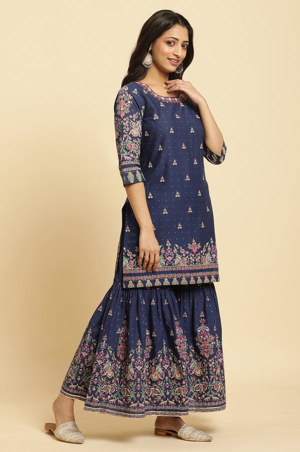 Blue Floral Printed Kurta, Sharara And Dupatta Set