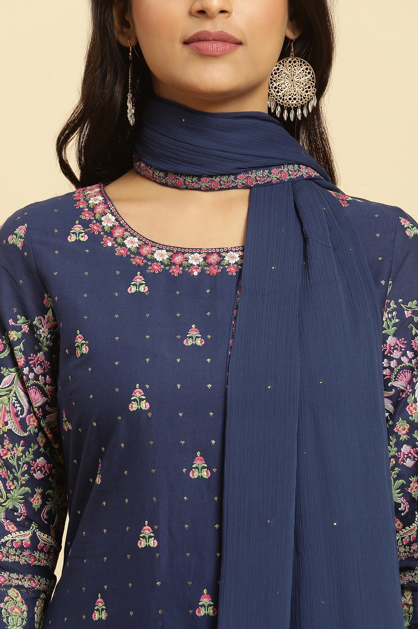 Blue Floral Printed Kurta, Sharara And Dupatta Set - wforwoman