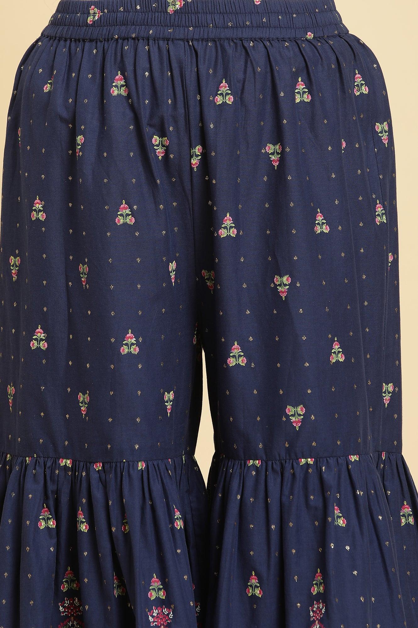 Blue Floral Printed Kurta, Sharara And Dupatta Set - wforwoman