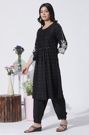 Black Flared Bandhani and Tei-Dyed Kurta, Side Pants and Kota Dupatta Set