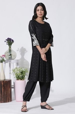 Black Flared Bandhani and Tei-Dyed Kurta, Side Pants and Kota Dupatta Set