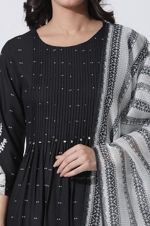 Black Flared Bandhani and Tei-Dyed Kurta, Side Pants and Kota Dupatta Set