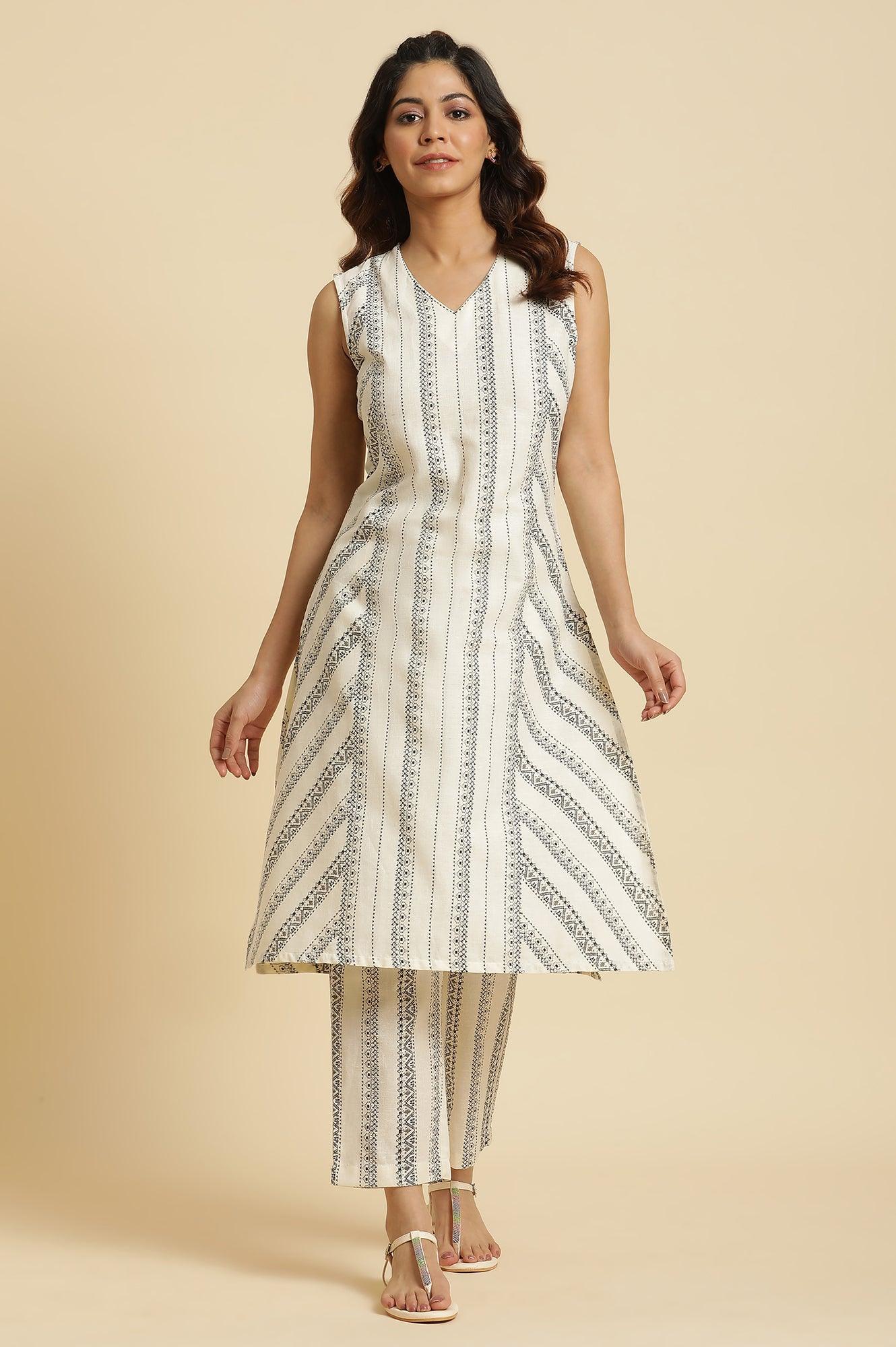 Ecru Printed Kurta &amp; Pants Co-Ord Set With Kantha Detail - wforwoman