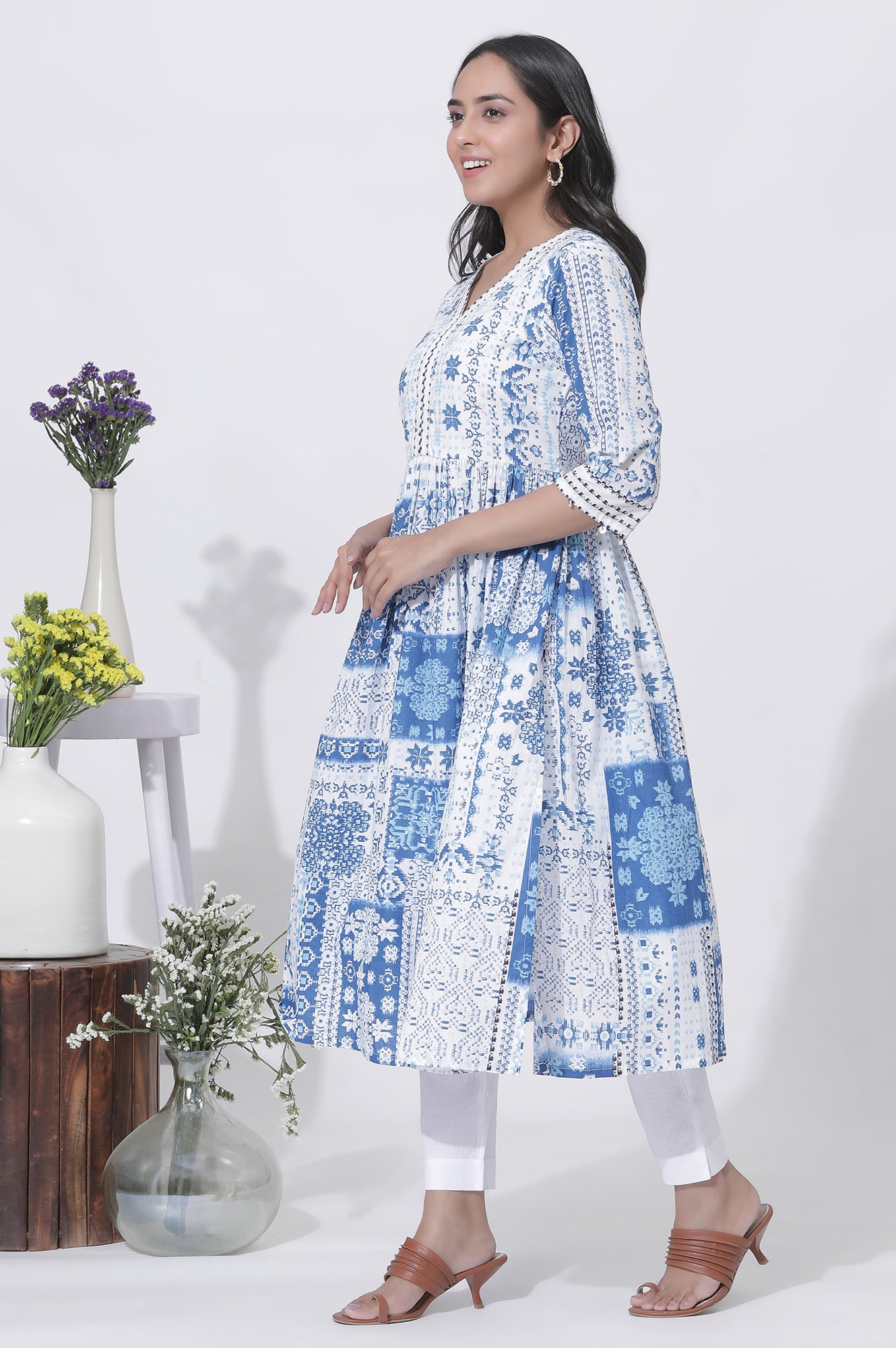 White And Blue Cotton Printed Flared Kurta And Pants Set
