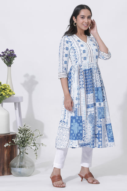 White And Blue Cotton Printed Flared Kurta And Pants Set