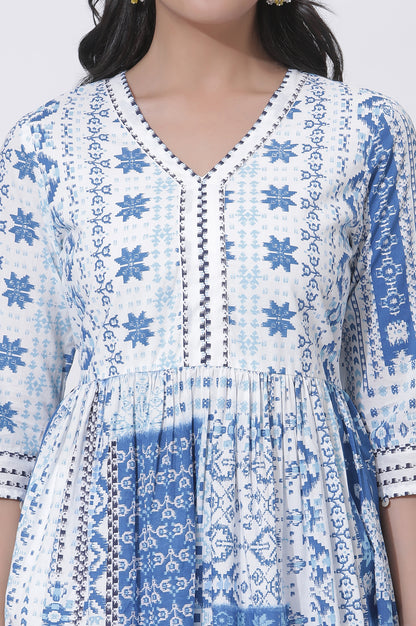 White And Blue Cotton Printed Flared Kurta And Pants Set