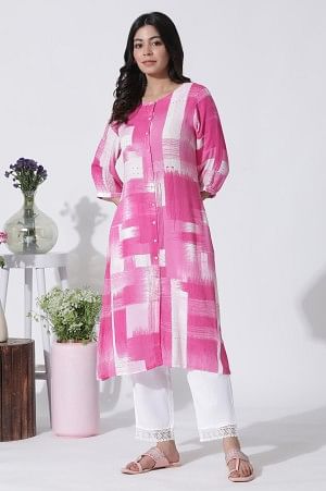 Pink & White Abstract Printed Kurta And Straight Pants Set - XS