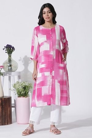 Pink &amp; White Abstract Printed Kurta And Straight Pants Set