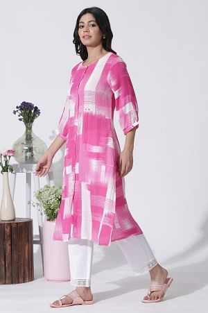 Pink &amp; White Abstract Printed Kurta And Straight Pants Set
