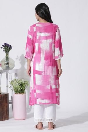 Pink &amp; White Abstract Printed Kurta And Straight Pants Set