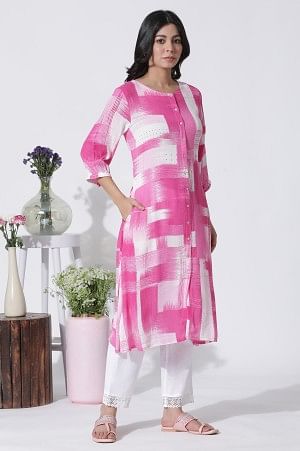Pink &amp; White Abstract Printed Kurta And Straight Pants Set