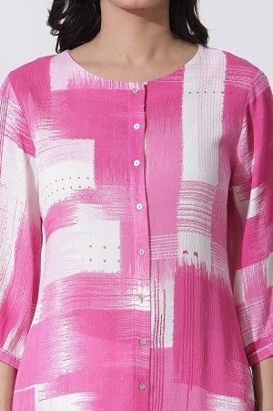 Pink & White Abstract Printed Kurta And Straight Pants Set