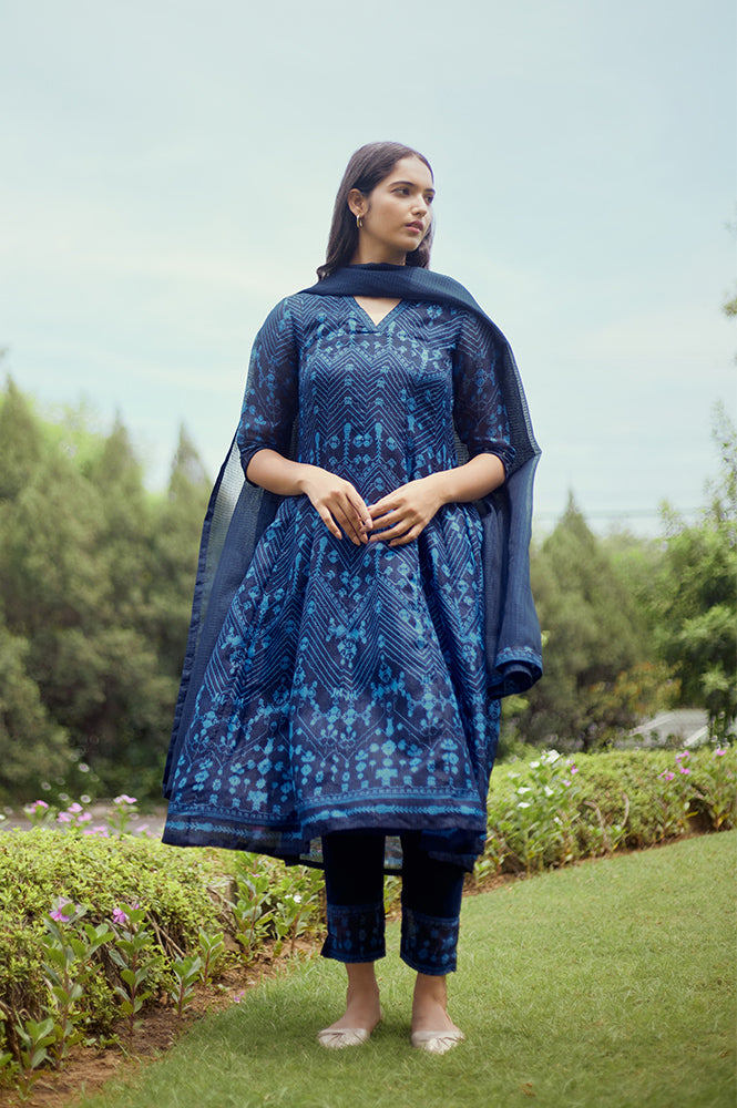 Navy Blue Printed Kota Kurta, Pants And Dupatta Set - XS