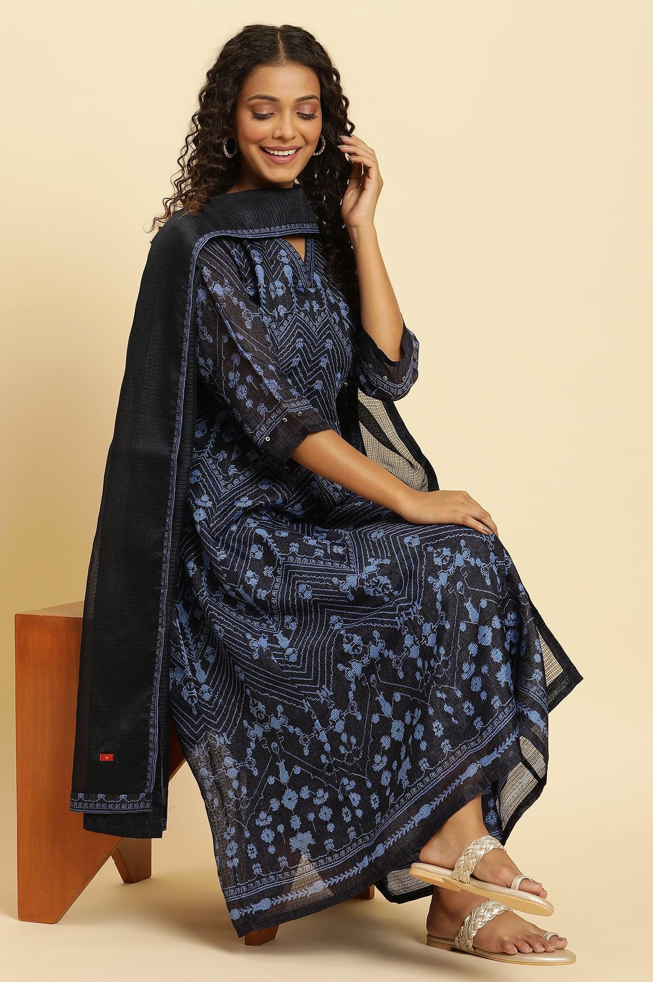 Navy Blue Printed Kota Kurta, Pants And Dupatta Set - wforwoman