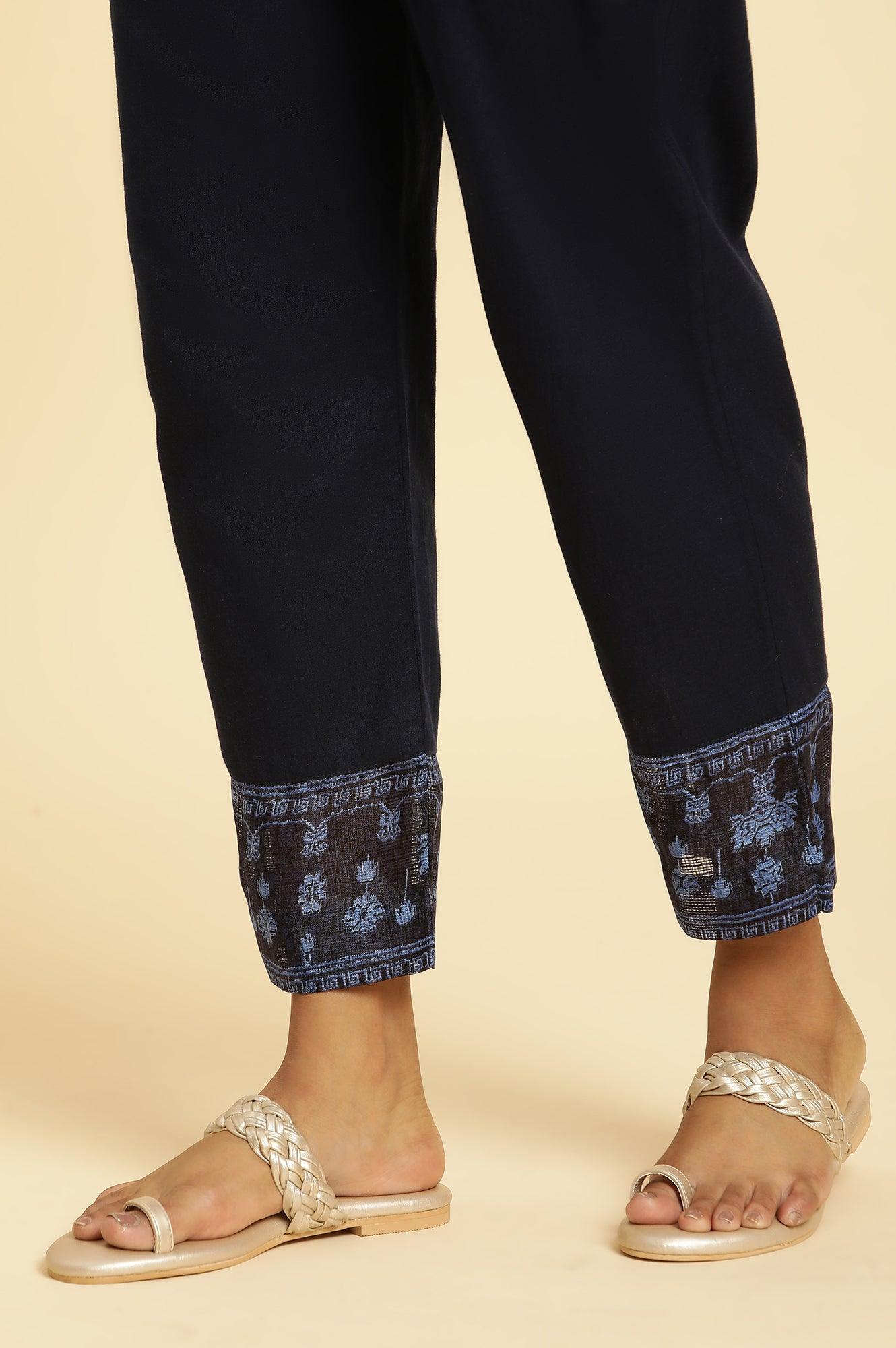 Navy Blue Printed Kota Kurta, Pants And Dupatta Set - wforwoman