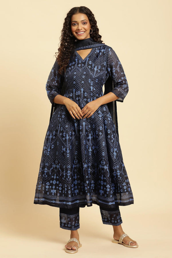 Navy Blue Printed Kota Kurta, Pants And Dupatta Set