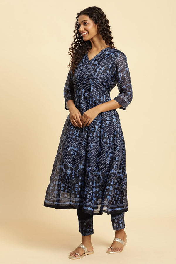 Navy Blue Printed Kota Kurta, Pants And Dupatta Set