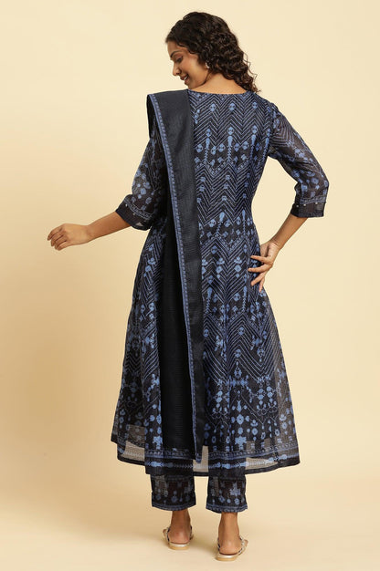 Navy Blue Printed Kota Kurta, Pants And Dupatta Set - wforwoman