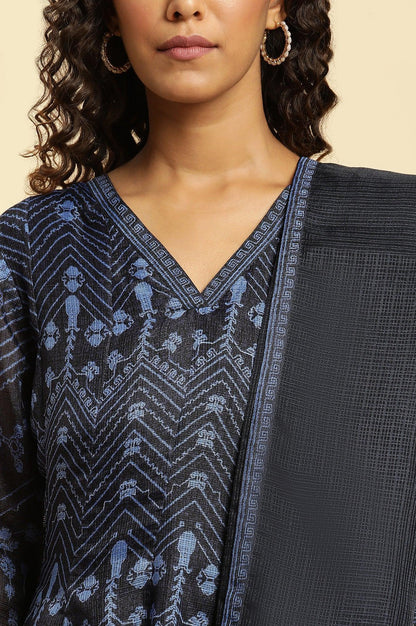 Navy Blue Printed Kota Kurta, Pants And Dupatta Set - wforwoman