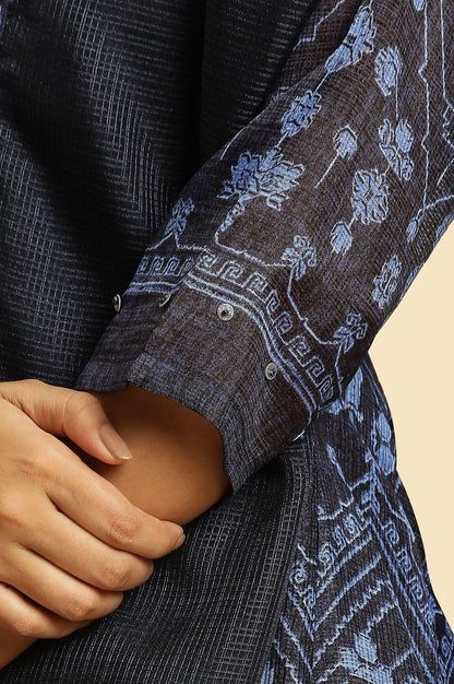 Navy Blue Printed Kota Kurta, Pants And Dupatta Set - wforwoman