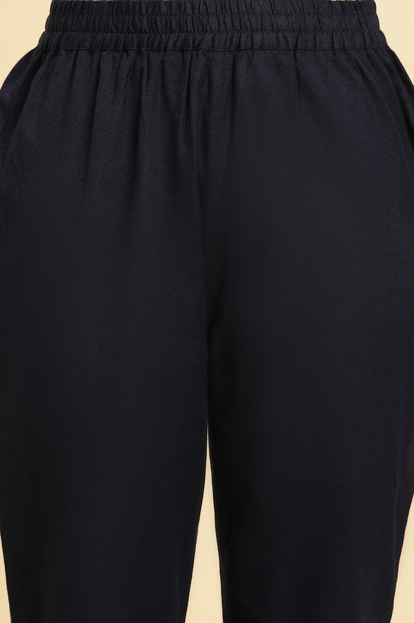 Navy Blue Printed Kota Kurta, Pants And Dupatta Set