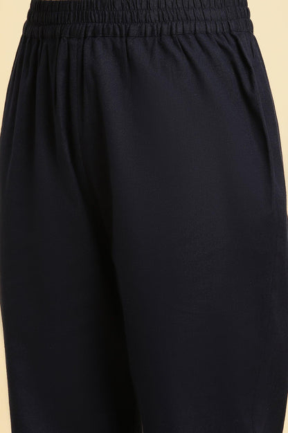 Navy Blue Printed Kota Kurta, Pants And Dupatta Set - wforwoman