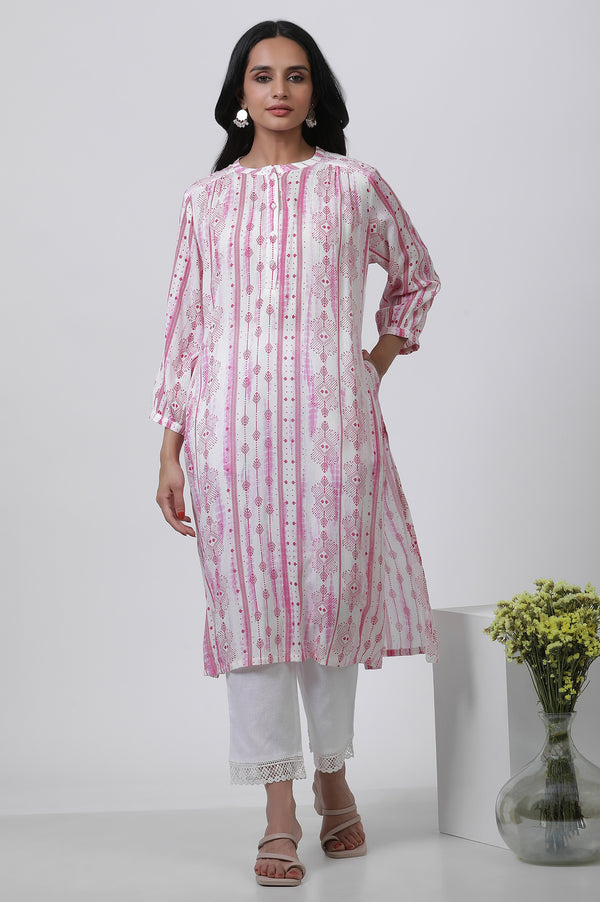 White & Pink Abstract Printed Kurta And Pants Set