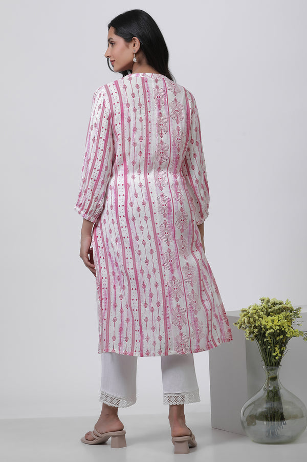White & Pink Abstract Printed Kurta And Pants Set