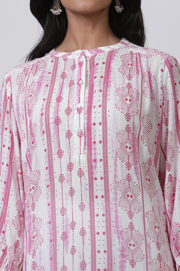 White & Pink Abstract Printed Kurta And Pants Set