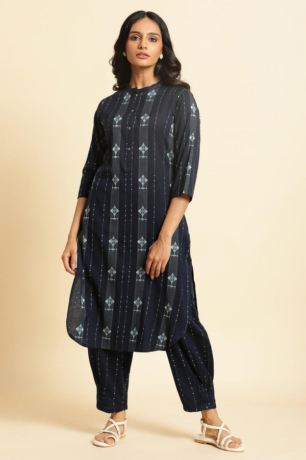 Navy Blue Printed Cotton Kurta and Pleated Pants Set