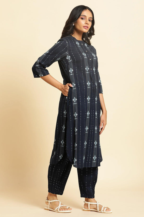 Navy Blue Printed Cotton Kurta and Pleated Pants Set