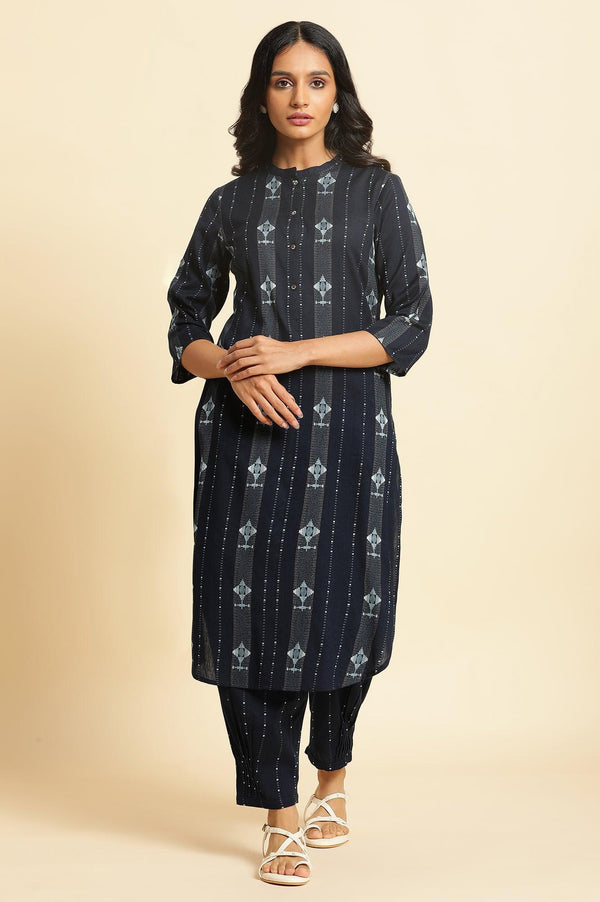 Navy Blue Printed Cotton Kurta and Pleated Pants Set