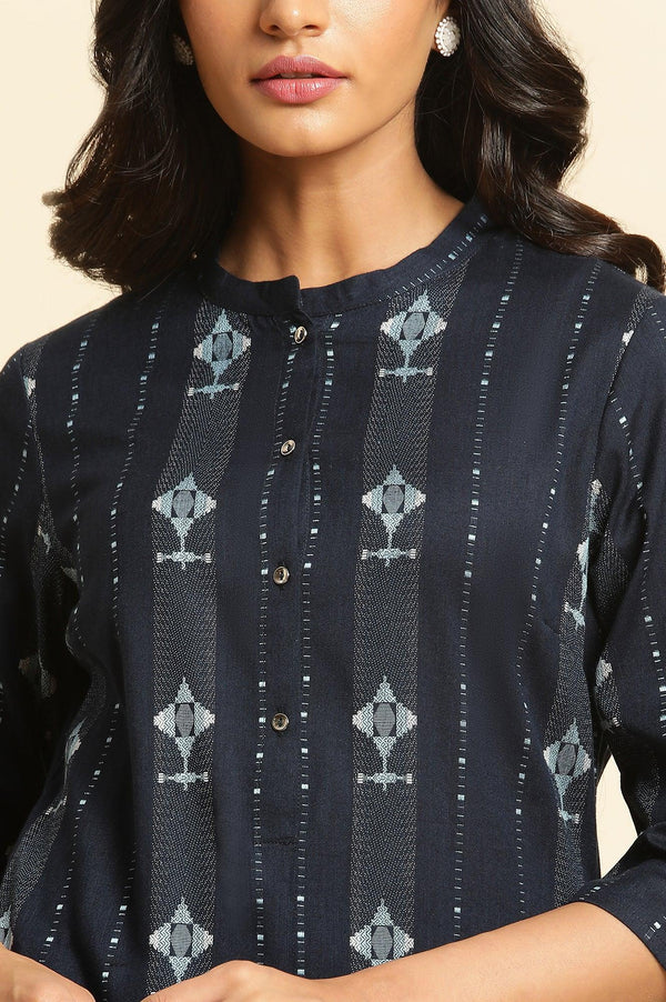 Navy Blue Printed Cotton Kurta and Pleated Pants Set