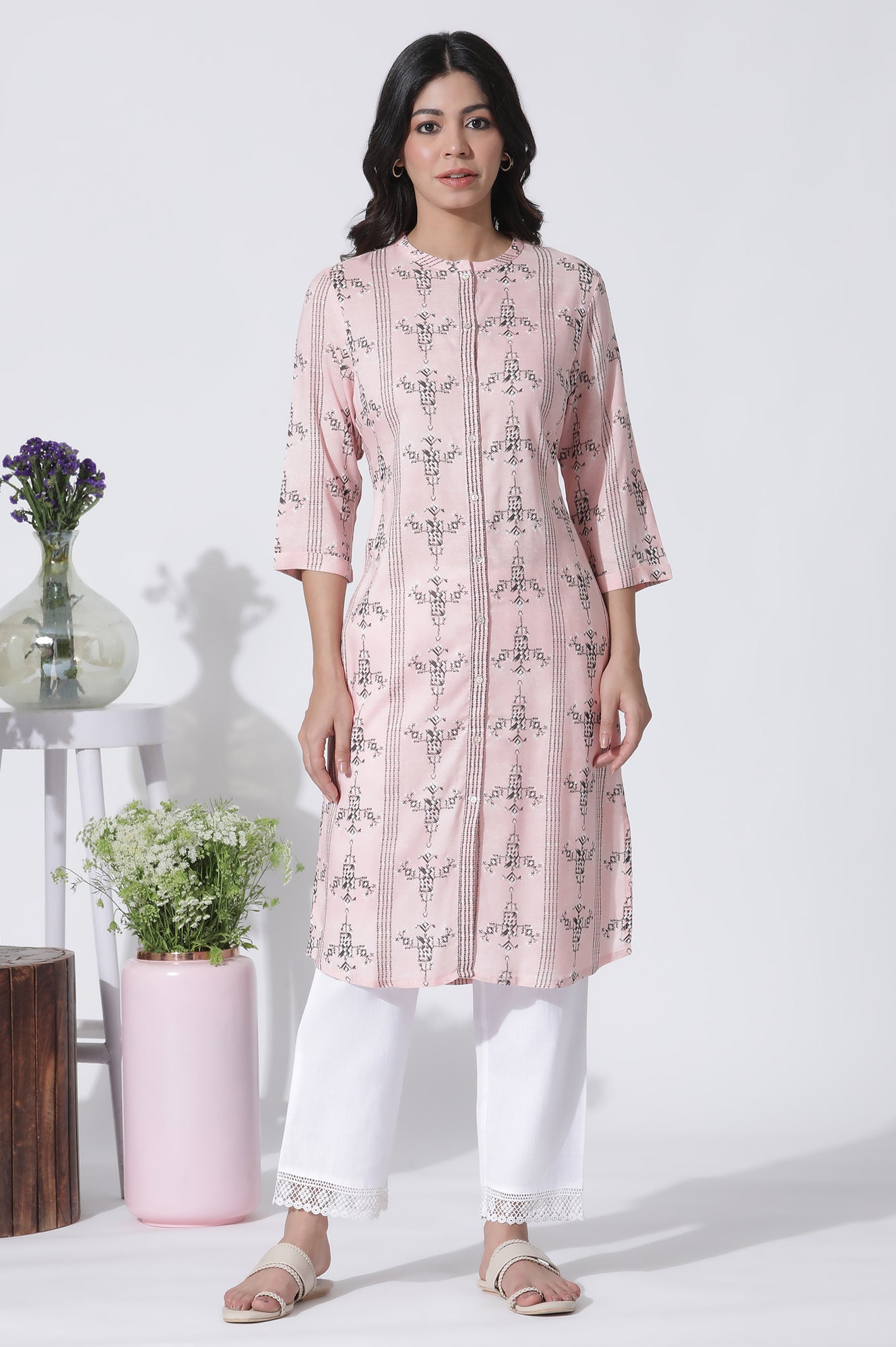 Pink Geometric Printed Straight Shirt Kurta and Pants Set