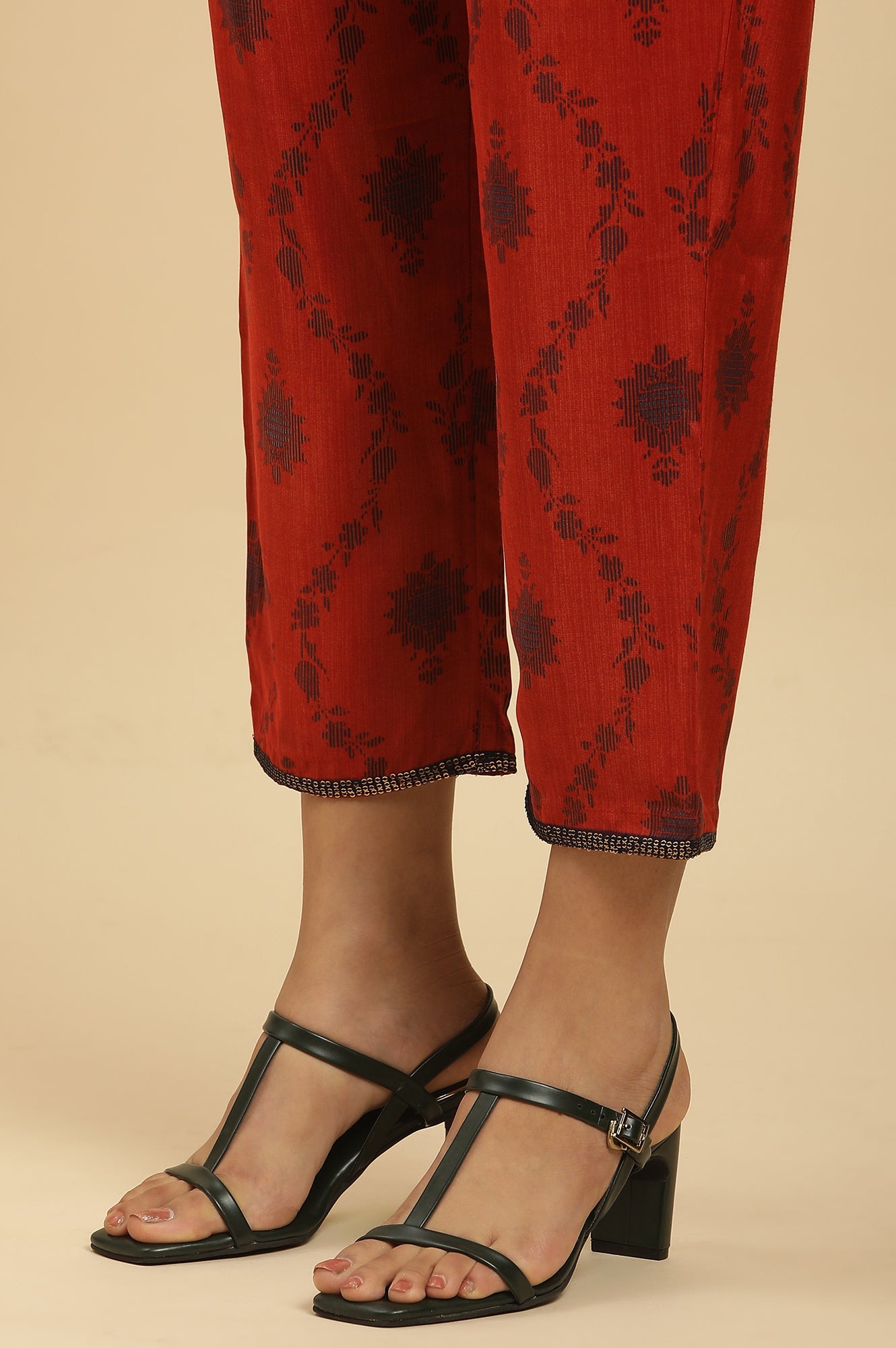 Red Sequined Printed Kurta, Pants And Dupatta Set